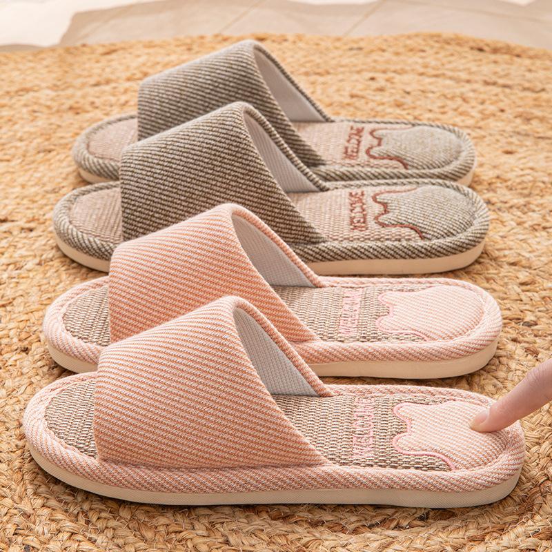 Damen Leinen Hausschuhe Vier Jahreszeiten Herren Indoor Sandalen Erwachsene Paare Offene Zehen Atmungsaktiv Hausschuhe
