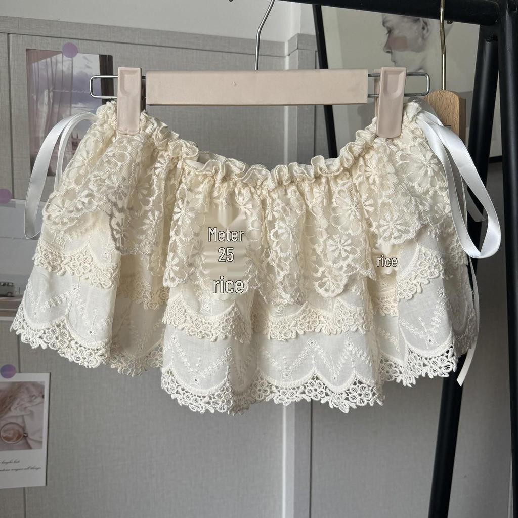 French Sweet Lace Panty Skirt: Women's Layered Slimming Skirt with White Lace Hem, Fake Two-Piece Design
