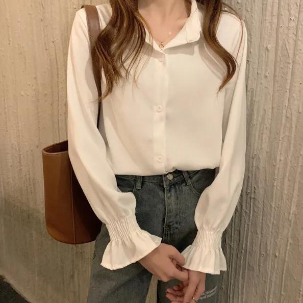 WTEMPO Damskie biało-czerwone koszule z długim rękawem o luźnym kroju na wiosnę i jesień, damskie wszechstronne bluzki casual z kołnierzykiem i guzikami