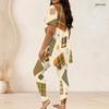 Women Plus Size Two Piece Set Round Neck Short Sleeve Side Split Printed Top Fitted Pants