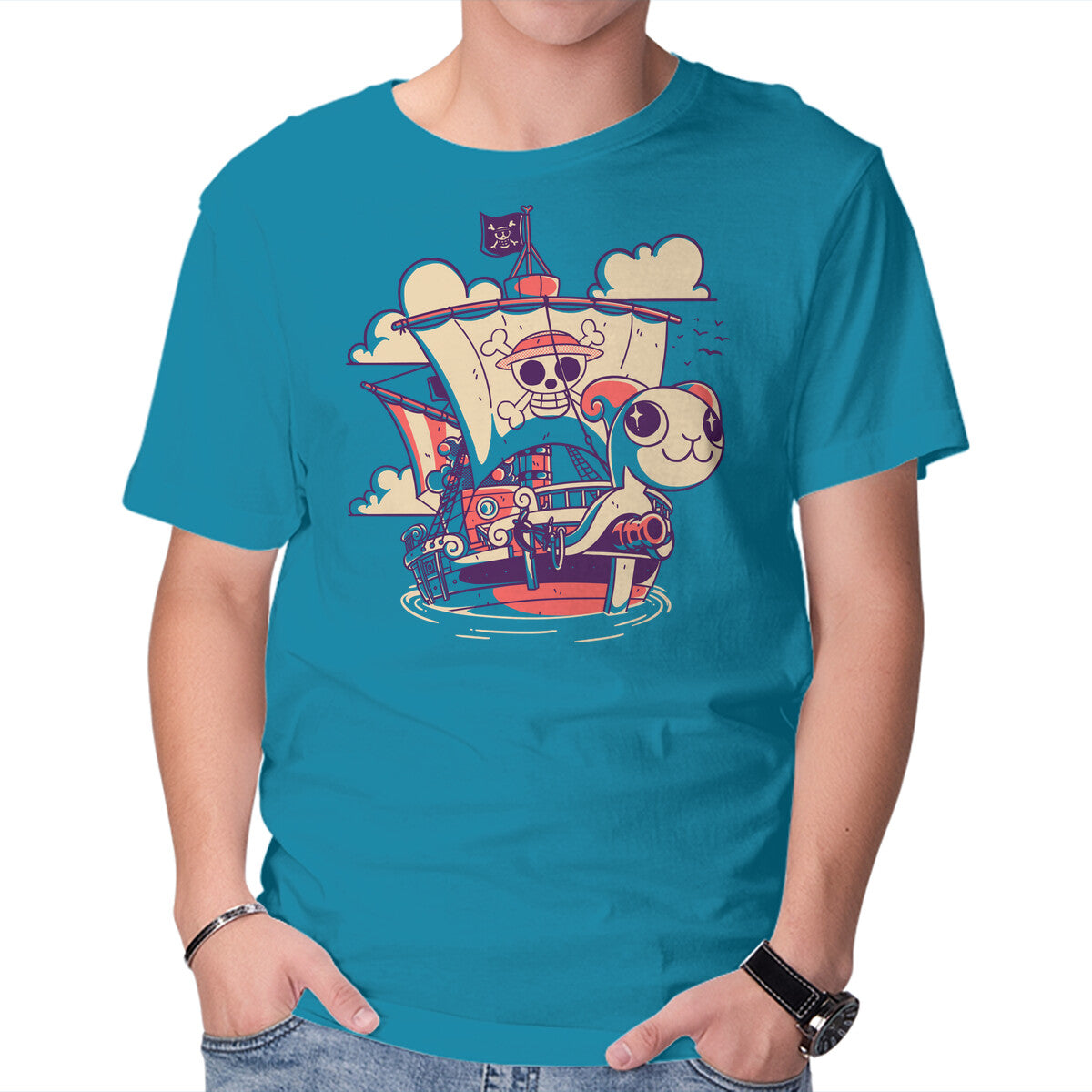 Unisex Crew Neck T-Shirt Straw Hat Ship Graphic Short Sleeve Casual Tee L