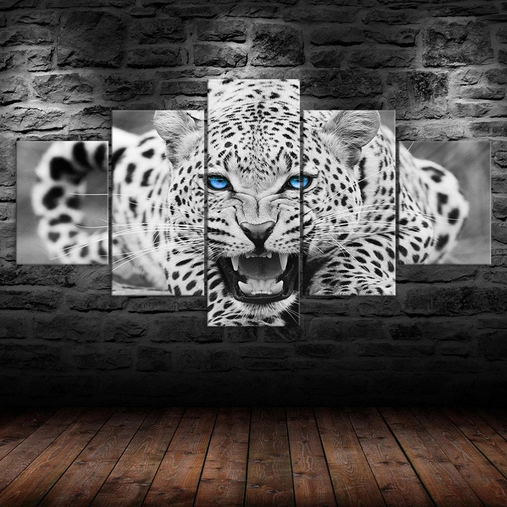 Weißer Leopard Helle Blaue Augen 5-teiliges Fünf-Panel Wandleinwanddruck Modernes Kunstposter Bild Heimdeko Geschenk für Ihn Für Sie