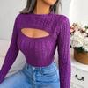 Women Fall Winter Cutout Twist Long Sleeve Sweater Solid Color Slim All Match Knitted Tops