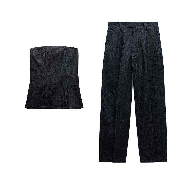 Spring New Women's Two-piece Set Cotton Denim Tube Top Tops 9632254 Mid Waist Denim 9632249