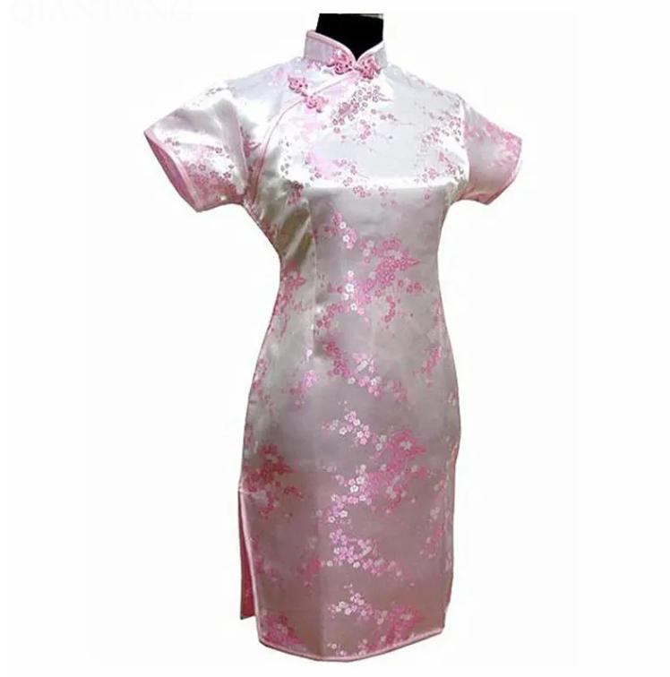 Raffinato Floreale Donna Mini Qipao Elegante Nero Collo Mandarino Cheongsam Sexy Spacco Alto Slim Abito Cinese