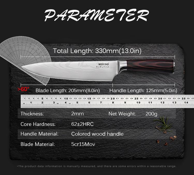 Nóż szefa kuchni 8-calowy Japoński nóż szefa kuchni Stal damasceńska Nóż kuchenny Tasak do mięsa Narzędzia kuchenne