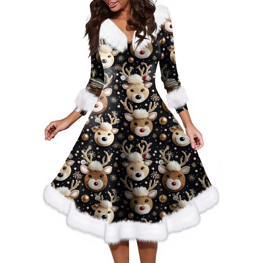 Women's Fashion V-neck Casual Fit Christmas Print Party Long Sleeve Dress