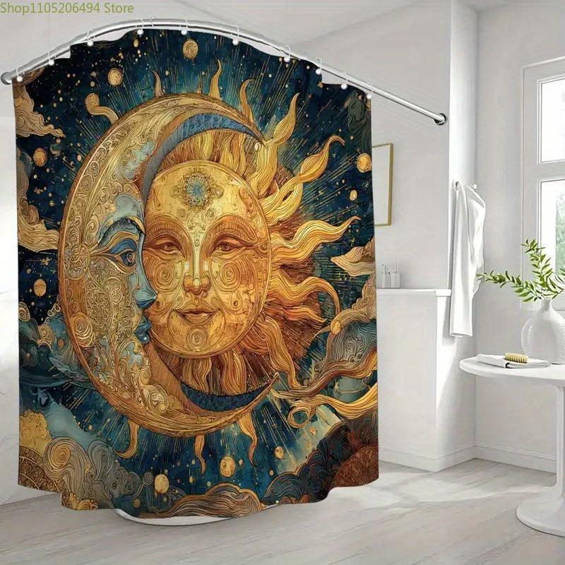 1pc of Cosmic Starry Bathroom Shower Curtain, Sun and Moon Fusion Theme, Dreamy Starry Sky Holiday Shower Curtain, Includes 12