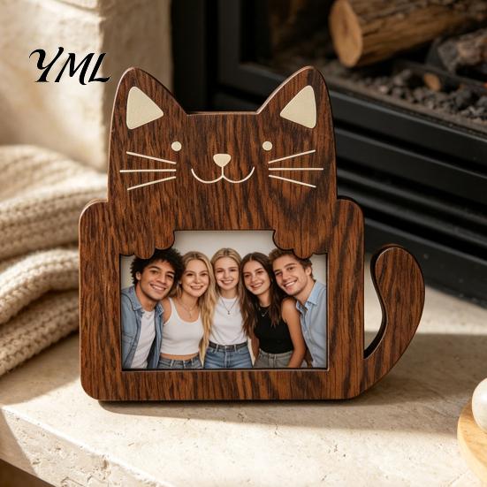 Support Photo de Table en Forme d'Animal Cadre Mignon, Support en Bois Rustique, Cadre Chat pour Bureau Photo Ours Affichage Étagère de Bureau à Domicile Unique Bureau