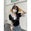 Pure desire style lace-up square neck slim-fitting and thin short-sleeved T-shirt summer niche ins chic fashion versatile pure desire top