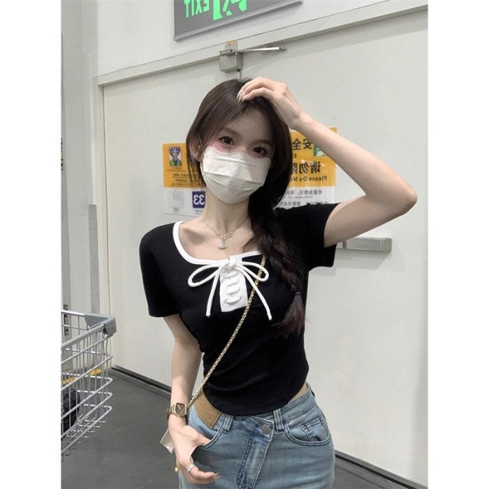 Pure desire style lace-up square neck slim-fitting and thin short-sleeved T-shirt summer niche ins chic fashion versatile pure desire top