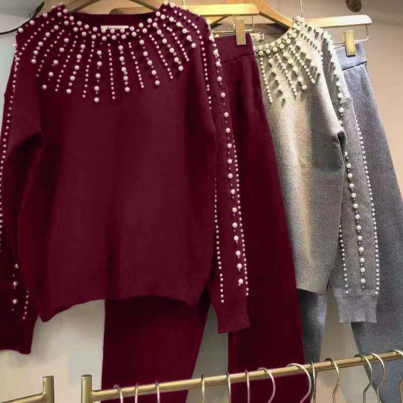 Autumn Winter Sweaters Pants Suits Beading Diamond Knitted Pullover Tops + Pants  2 Piece Sets Tracksuits Women's Clothing