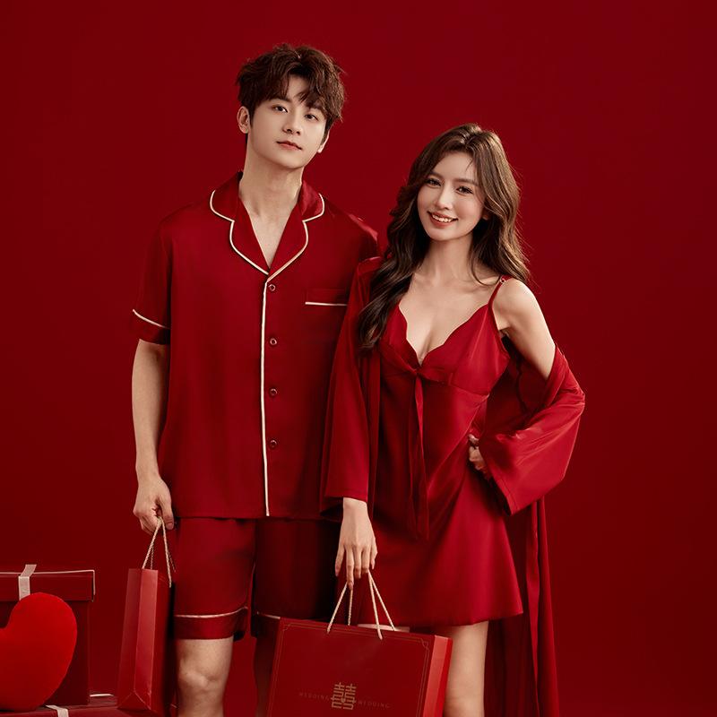 Couple pajamas wedding newlywed suspender morning robe birth year ice silk red one man and one woman dowry loungewear suit