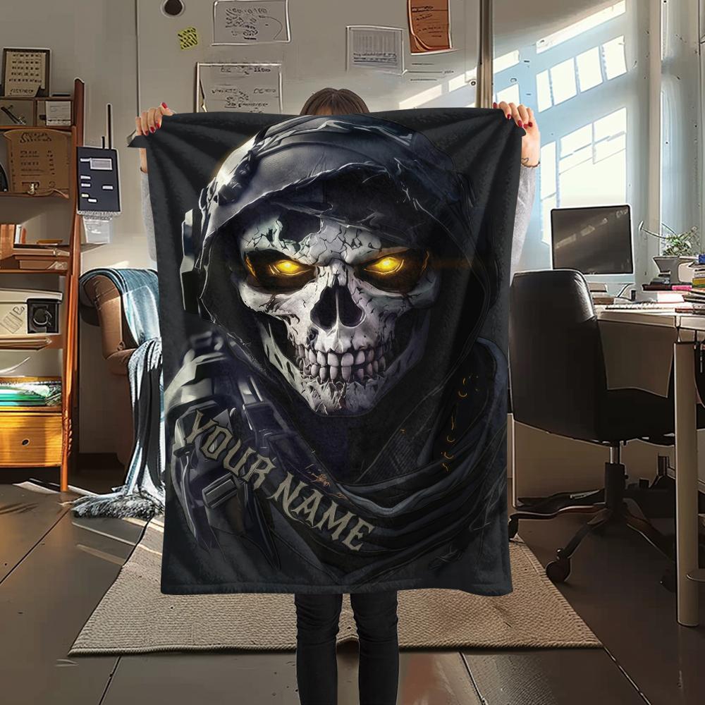1PC Custom Name Skull Warrior Artwork Patterned Flannel Blanket Suitable For All Seasons for Home Decor Warmth and Comfort Gifts Holiday Present_lx