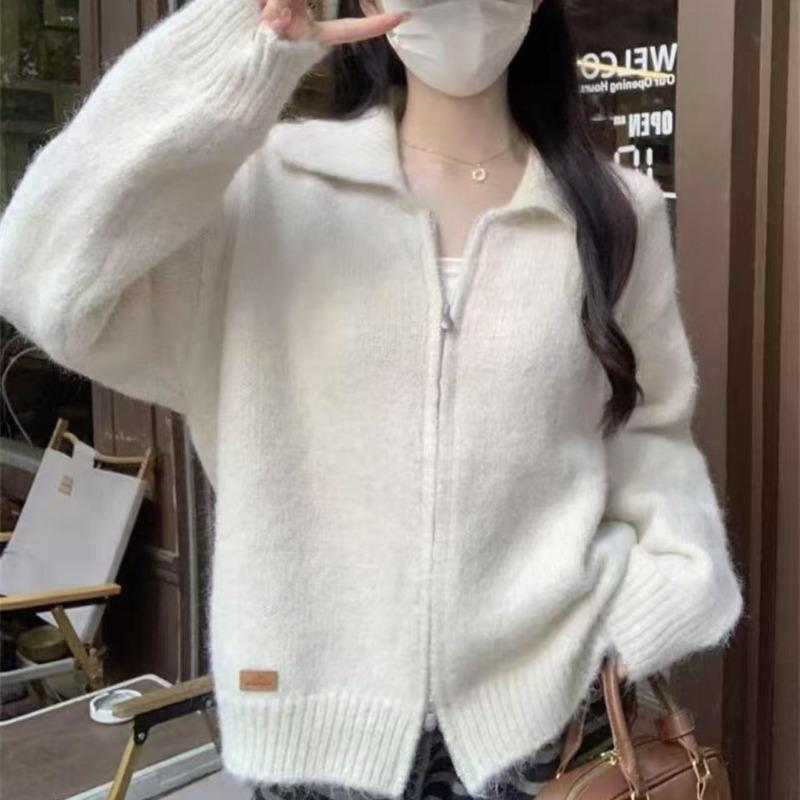 Loose lapel double zipper sweater jacket women's autumn and winter new lazy style thin knitted cardigan women