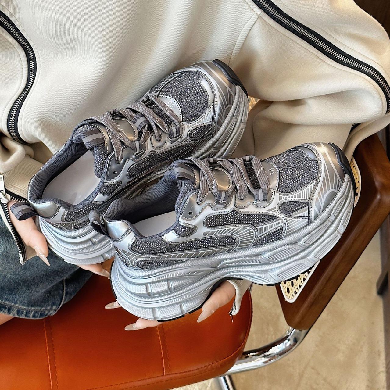 

2025 fashion rhinestone heightened lightweight soft-soled dad shoes women s autumn comfortable small thick-soled casual sports shoes 34
