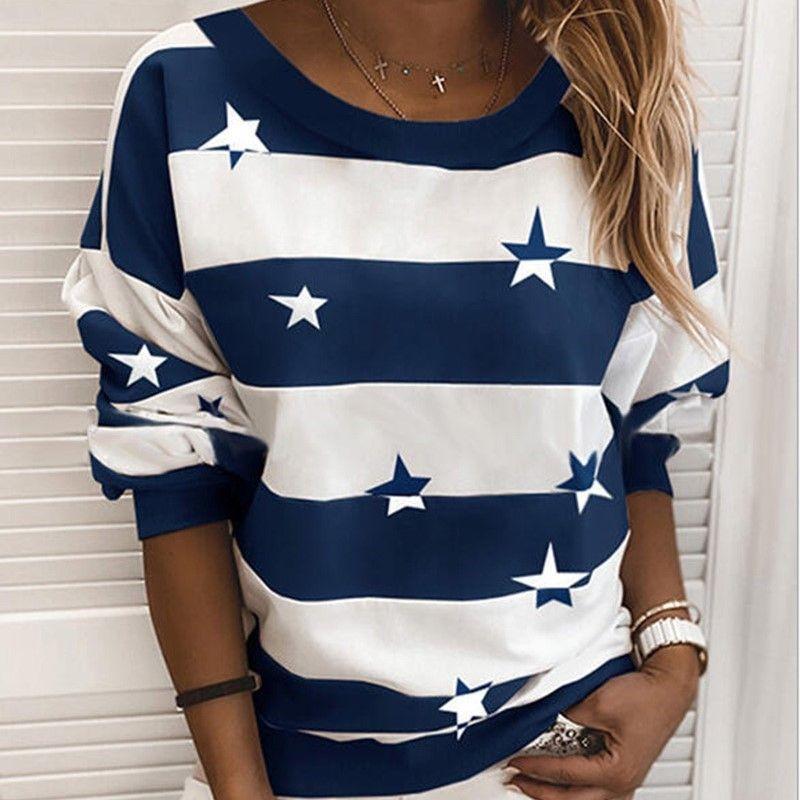 

Vacation Stylish 2025 Punk Best Selling Fashion round Neck Bold Stripes Printed Long-Sleeved Top Loose Sweater Women Blue 2XL