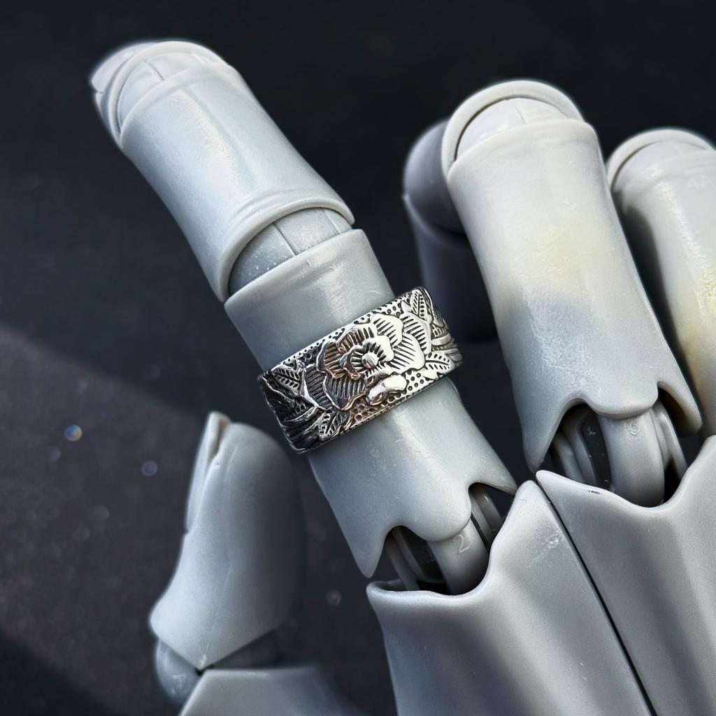 Retro Lotus Heart Sutra Adjustable Open Ring For Men Silver-plated Copper Punk Gothic Edgy Buddhism Accessories Gift
