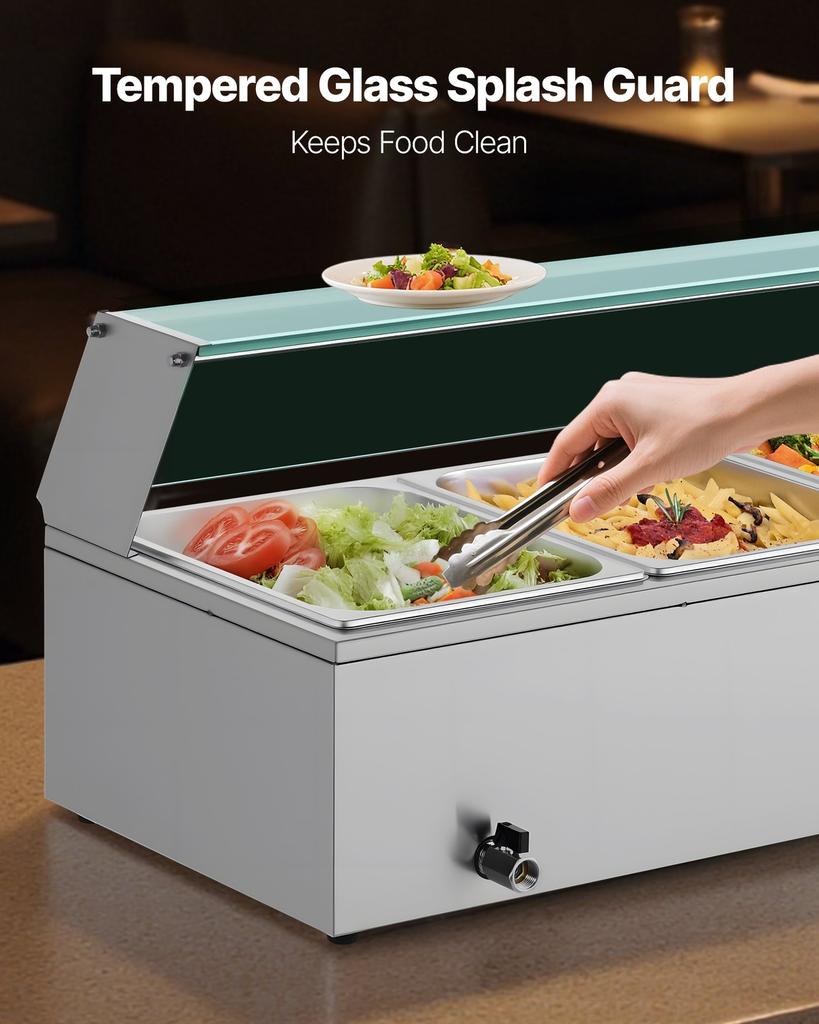 Commercial Food Warmer, 1500W Electric Stainless Steel Steam Food Warmer with Glass Cover, 4-Pan Countertop Buffet Bain Marie with Soup & Perforated