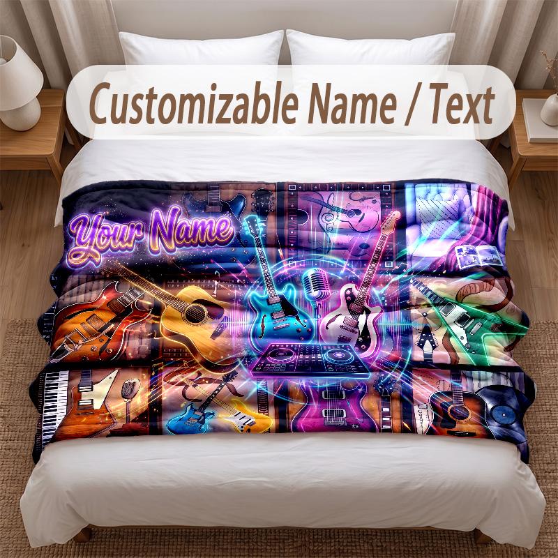Music Guitar Theme Soft Blanket Personalized Custom Name Text Print Warm Blanket Home Sofa Bedroom Decor