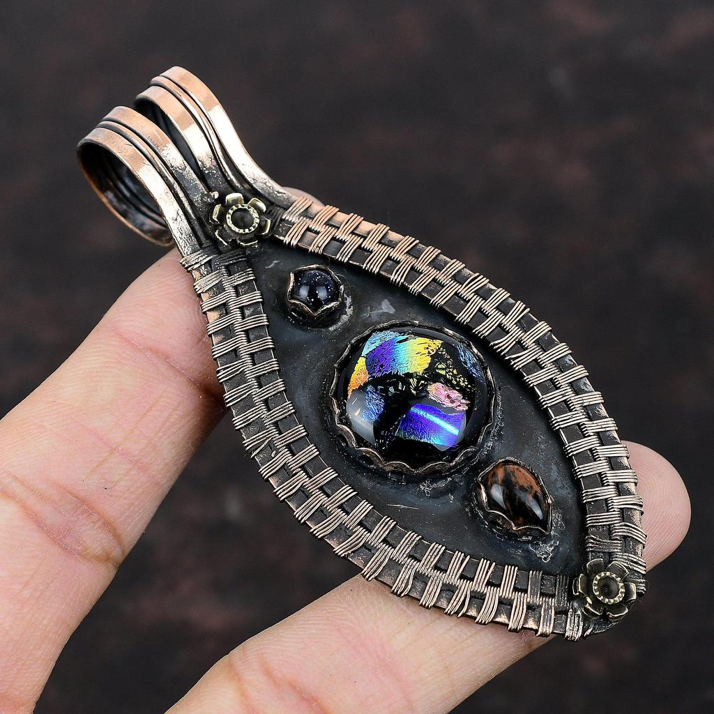 American Dichroic Glass Pendant Mahogany Obsidian And Blue Sunstone Pendant Copper Wire Wrapped Gemstone Pendant Handmade Jewelry For Gift