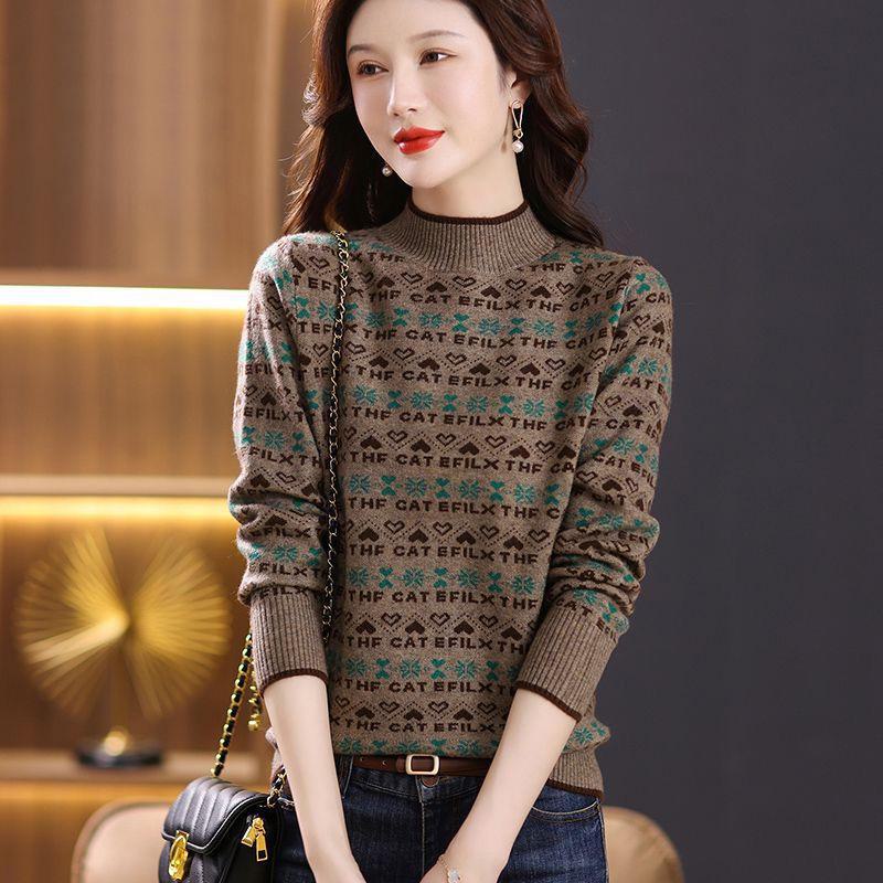 

Женский свитер жаккардовой вязки с полуворотом 2024 года - Осень/Зима One Size верблюд