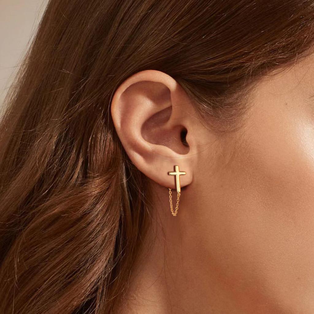 Fashion 925 Silver Plain Simple Cross Stud Earrings Jewelry 18K Gold Plated Tassel Chain Stud Earrings for Women