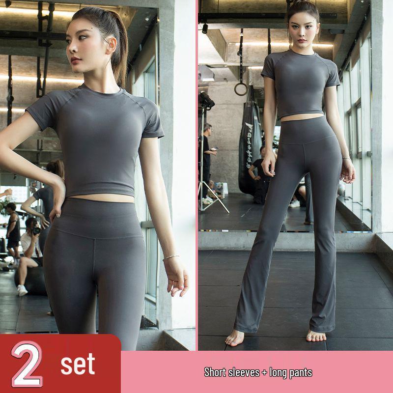 Women's Quick-Dry Yoga Set: Short Sleeve Top, Hip-Covering Skirt & Slimming Flare Pants - Spring/Summer