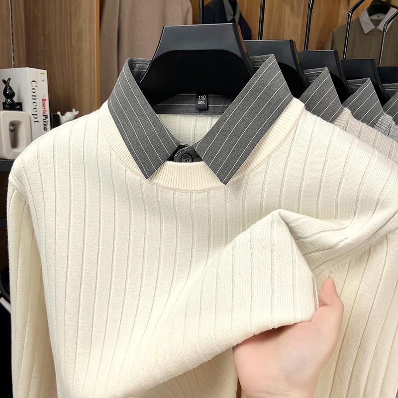 Men's Faux Two-Piece Autumn/Winter Knit Sweater with Shirt Collar - Casual Base Layer for Middle-Aged Dads