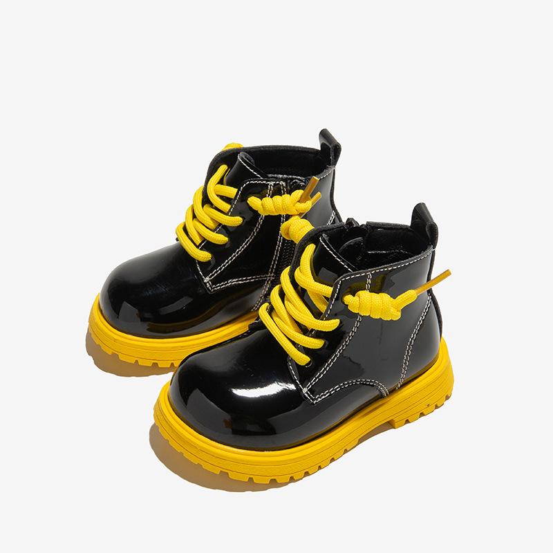 

Короткие ботинки для мальчиков, осенние, с мягкой подошвой, для девочек, простые, глянцевые, детские, модные, универсальные, с разноцветной подошвой, с боковой молнией, повседневные, детские ботинки из ПУ 24 жёлтый