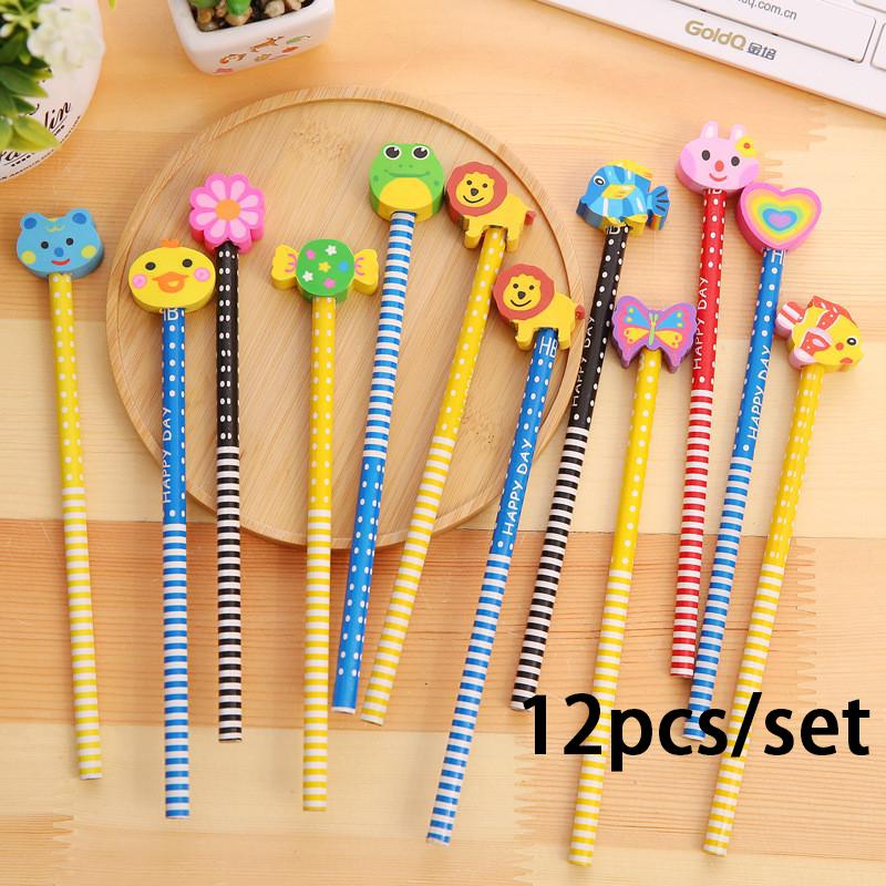 3/6/12PCS Cute Cartoon Animals Pencils with Eraser Creative Children Gift Stationery School Office Supplies