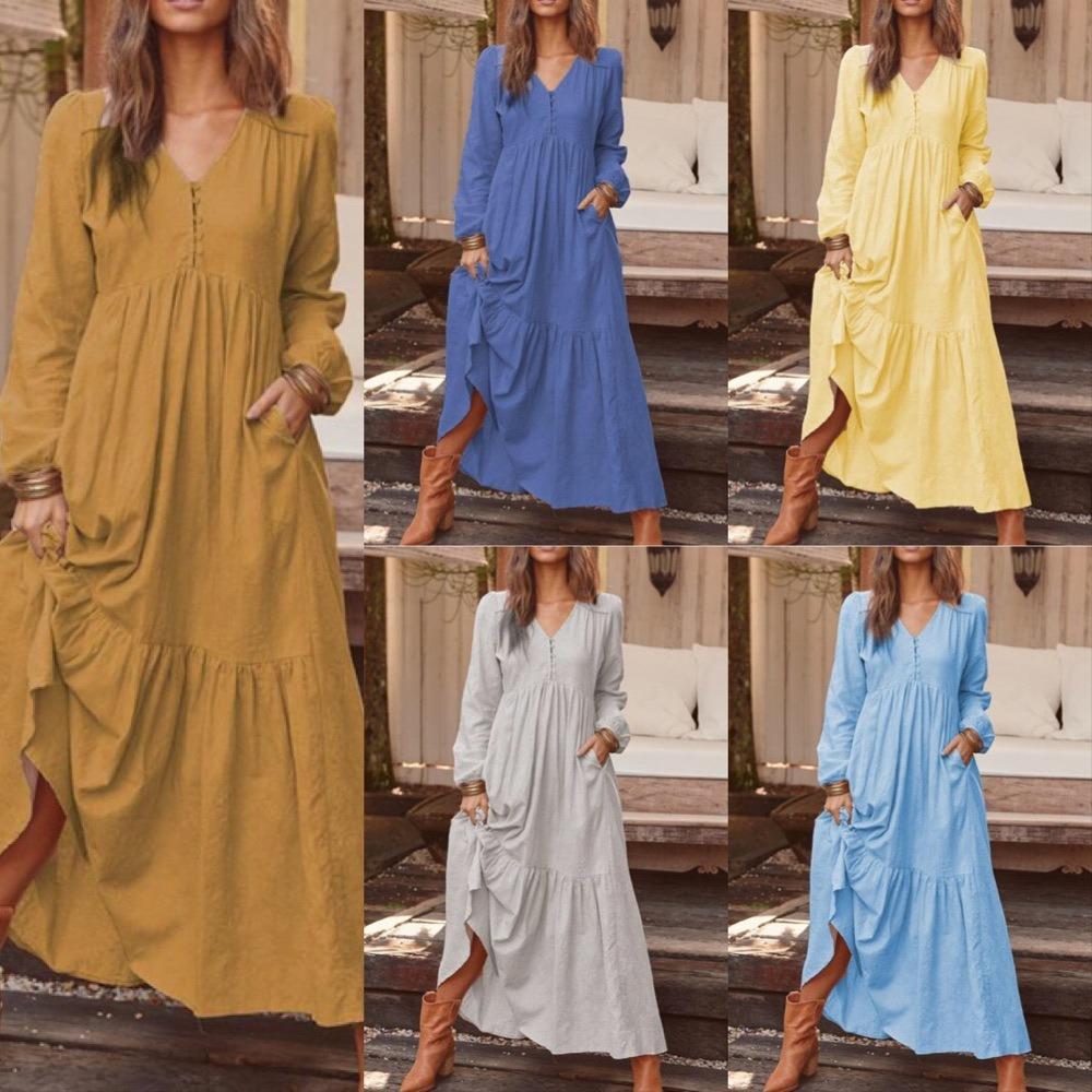 Women's Cotton and Linen Retro Casual Long Sleeved Dress