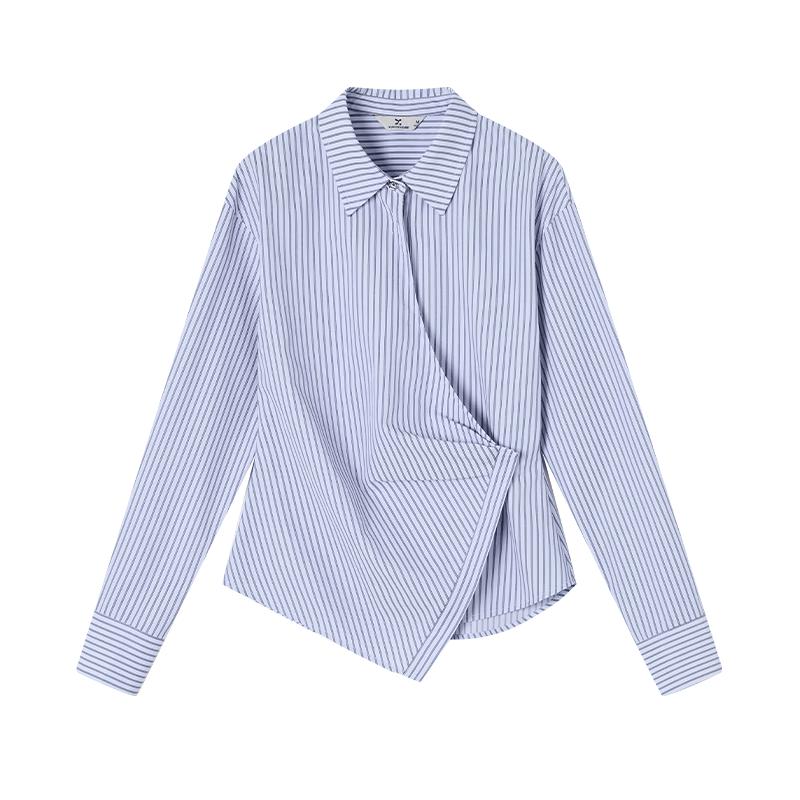 Xiangying Women s Blue Striped Waist-Cinching Long-Sleeve Shirt L