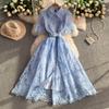 Super Fairy Princess Wind Heavy Industry Lace Mesh Lapel Dress Women's Summer French Celebrity Single-breasted Waist Dress