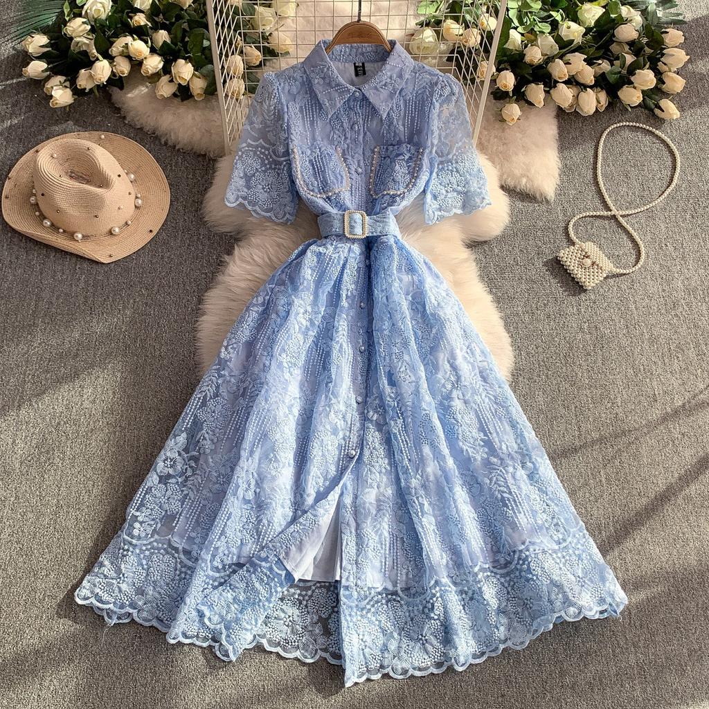 Super Fairy Princess Wind Heavy Industry Lace Mesh Lapel Dress Women's Summer French Celebrity Single-breasted Waist Dress