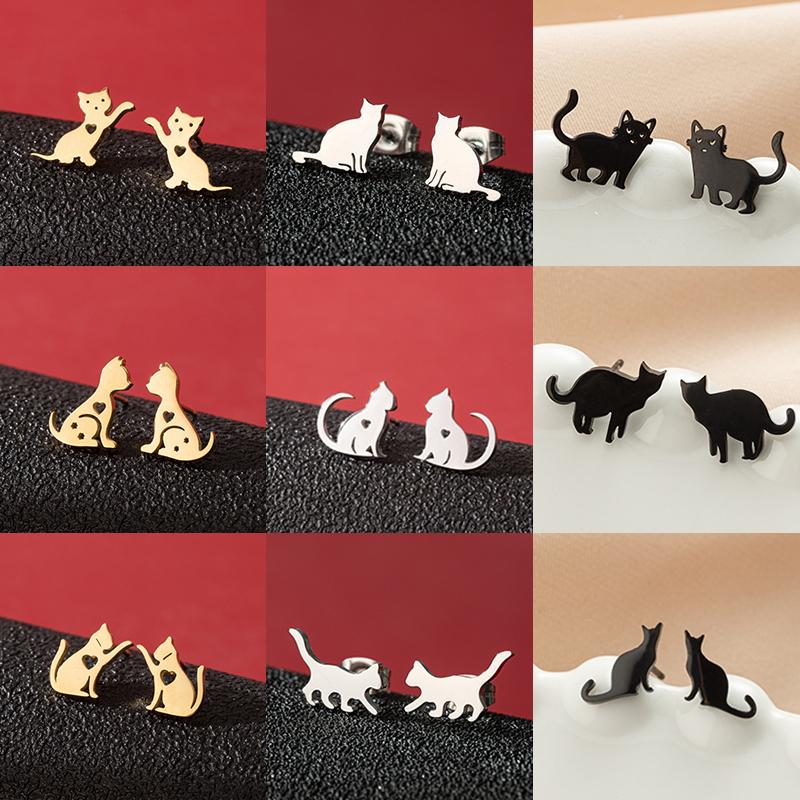 Cute Cat Stainless Steel Stud Earrings for Women Persian Cat Ear Jewelry Girls Student Birthday Earring Gifts Accessories