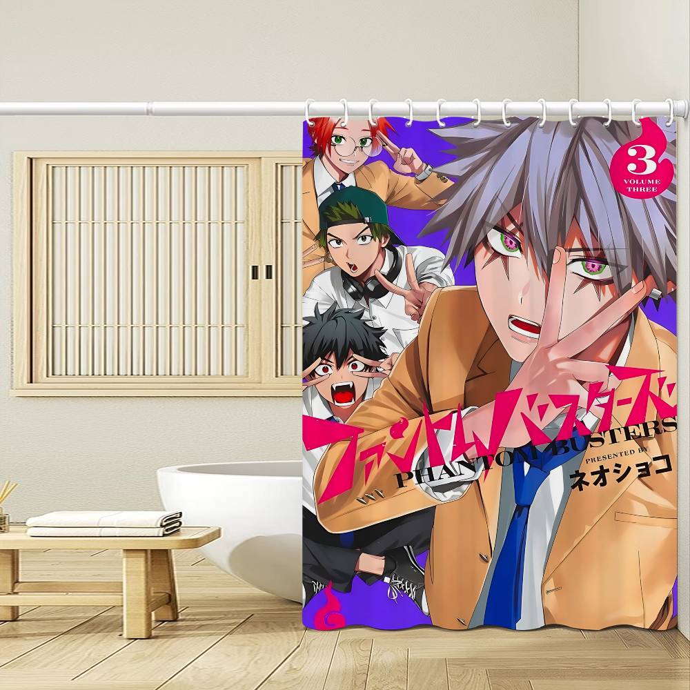 Japanese Anime P-Phantom B-Busters 1Pc Printed Shower Curtain Waterproof Washable With 12 Hooks Bathroom Shower Home Use