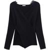 Stylish Black Lace V-Neck Slim-Fit Knitted Top for Women 2025