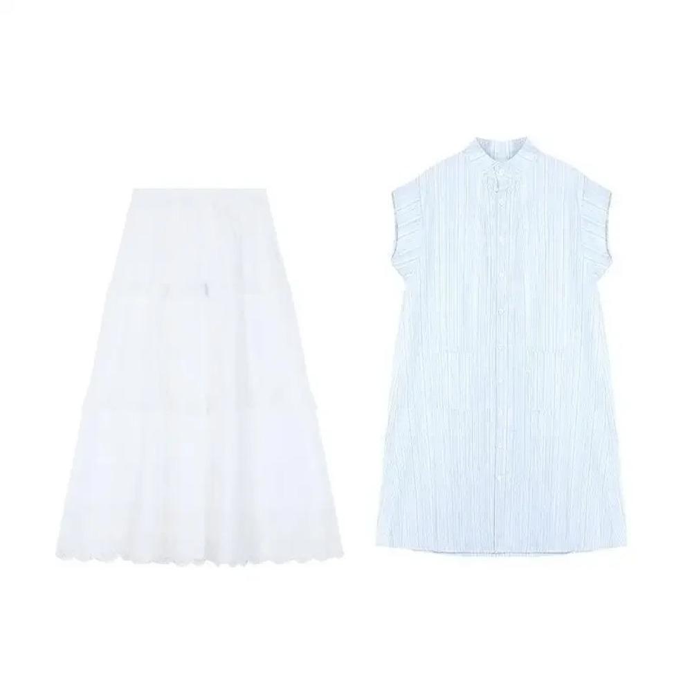 Summer Blue Shirt Dress Women's Loose Casual Gentle Style Long Skirt Two-Piece Set Layering Clothing Female Fashion