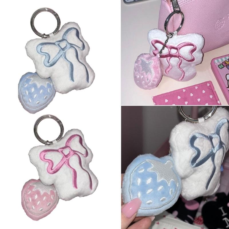 Sweet Plush Strawberry Bowknot Keychain Pendant Fashion Lovely Hangings Ornament Keyring Backpack Decoration Charm