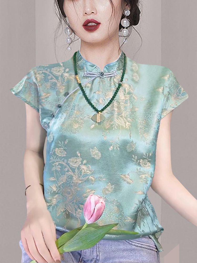 

2024 Шикарная зеленая блузка из шелковистой ткани со стойкой воротником для женщин L зелёный