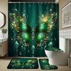 1/4pcs Luxury Green  Butterfly Waterproof Shower Curtain Set Decorative Bathroom Set Non-Slip Carpet Toilet Cover Bath Mat And 12 Hooks