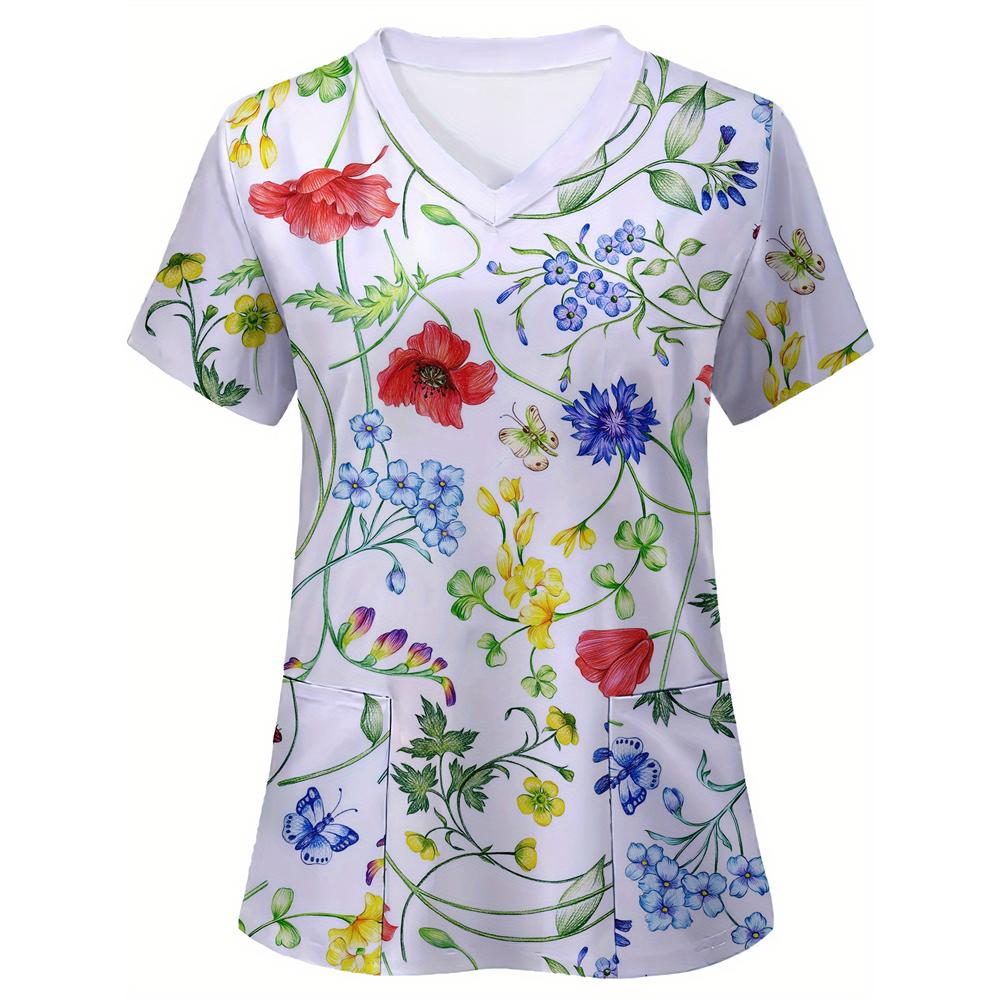 Nursing Uniforms for Women Simple Sunflower Pattern Clinical Uniforms Short-Sleeved V-Neck Fashion Prints Surgical Uniform 2025