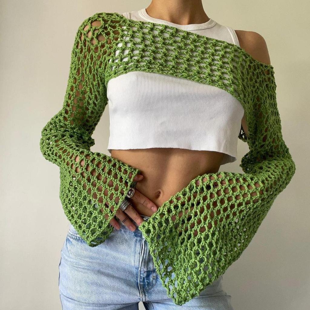 2025 Autumn Women's Ultra-Short Hand-Hooked Mesh Sweater with Trumpet Sleeves