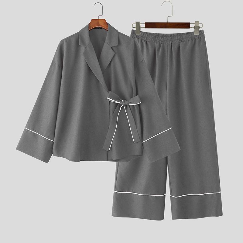 INCERUN Two Pieces Outfits Men Long Sleeve Kimono Shirt and Long Straight Pants Sets