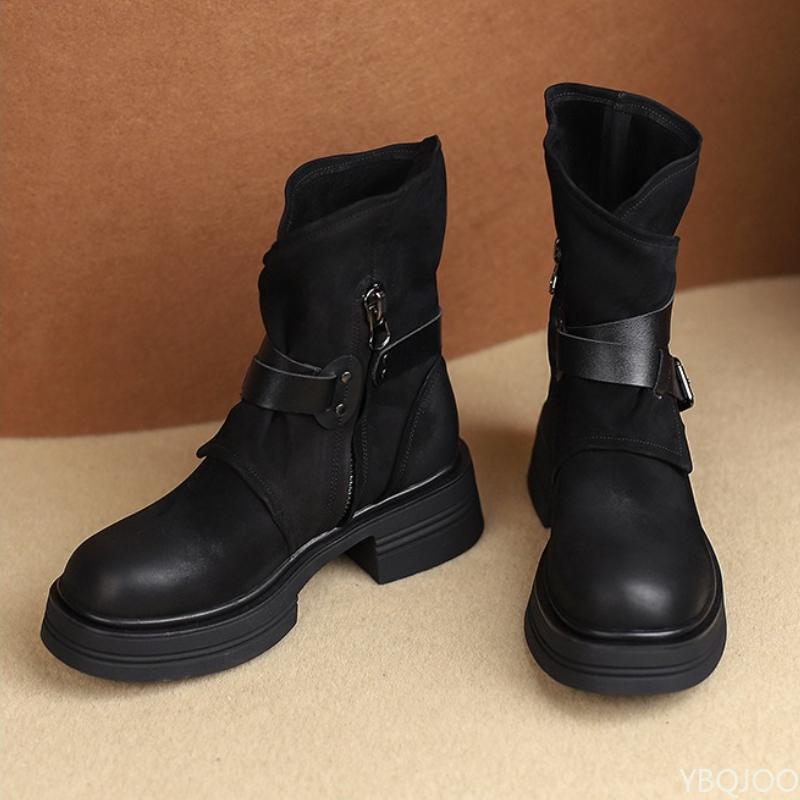 

Ботинки на толстой подошве для женщин на осень-зиму, нишевые, ретро, коричневые короткие ботинки, трендовые, простые, удобные, универсальные женские туфли 40 чёрный