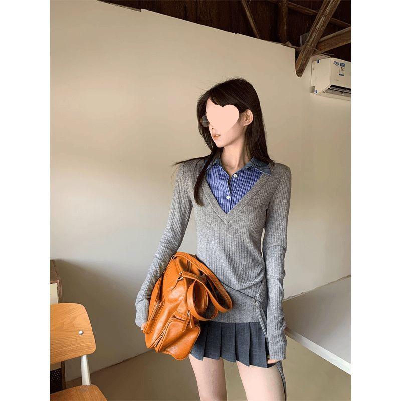 Damen 2025 Herbst Slim Fit Colorblock Patchwork Zwei-in-Eins Langarm Kragen Oberteil