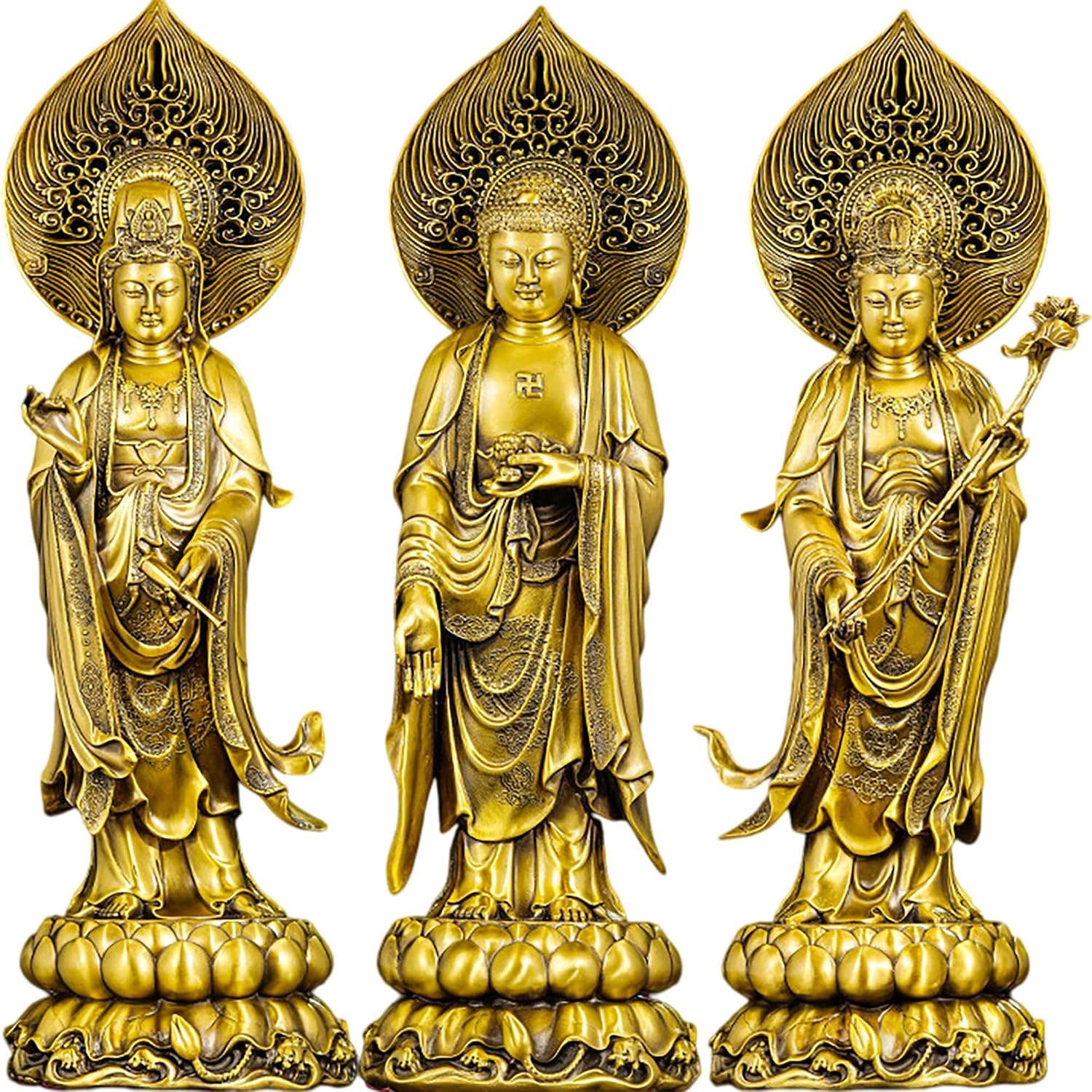 Aris & Juno Brass Western Pure Land Trinity Buddha Set Feng Shui Decor – Amitabha, Guanyin & Mahasthamaprapta Statues Symbolizing Peace, Compassion Amitabha Buddha