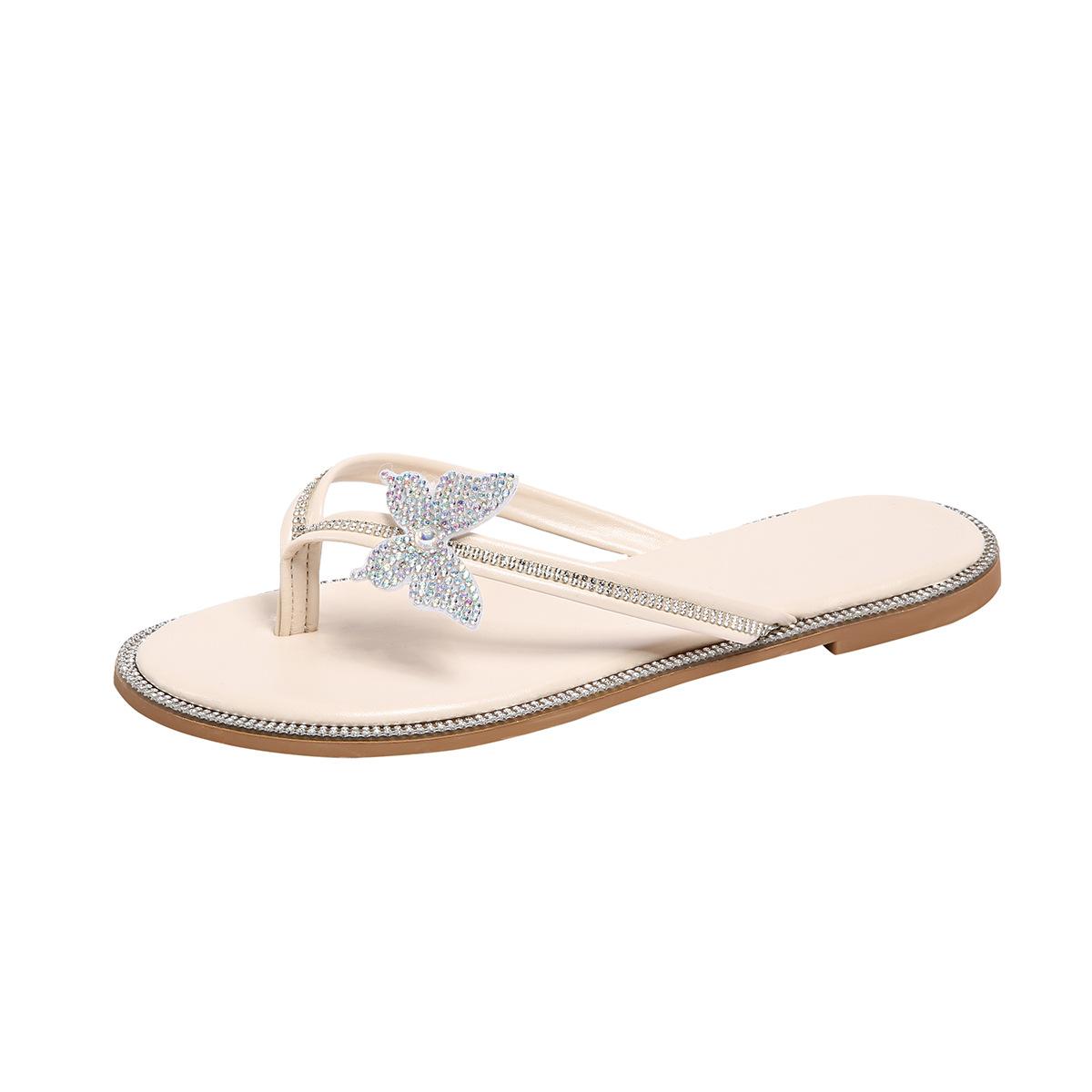 

Pearl rhinestone butterfly fashion flat heel cool slippers women wear 2025 summer fairy wind toe sandals 36 белый