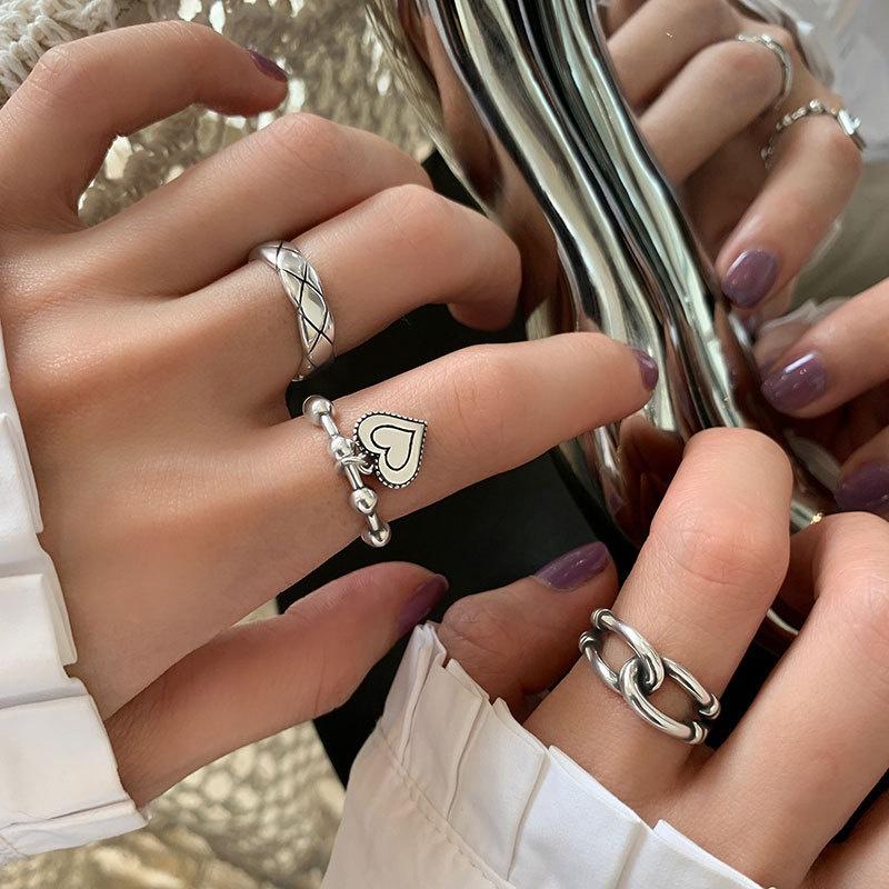 IF ME7 Pcs/set Punk Style Fashion Adjustable Rings Set Heart Silver Ring for Women Jewelry Accessories